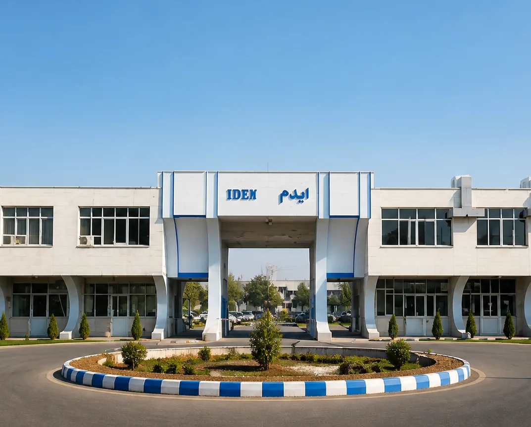 The gate of IDEM’s plant in Tabriz, the IDEM sign above the entrance.
